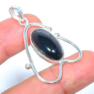 Natural Black Onyx - Brazil Silver Plated Jewelry Pendant 1.37" P7352-23 - Image 1 of 3