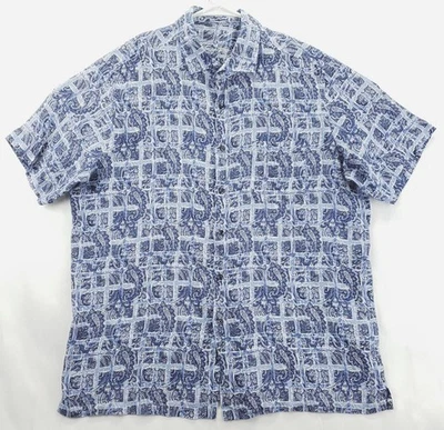 Camisa Tasso Elba Para Hombre Grande Azul Blanco Lino Paisley Manga Corta Abotonada Foto 1 de 4