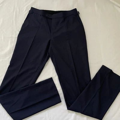 Pantalones de vestir Ariston Italy Super 130’s de lana azul marino 34x38 modernos calce recto Porter Foto 1 de 4