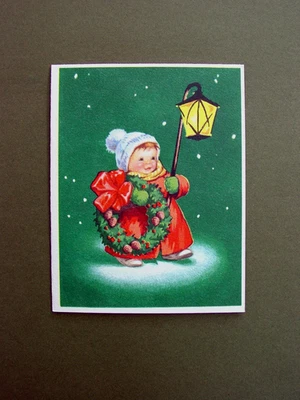 1 Unused Crestwick Xmas Greeting Card Cute Girl Holding a Lamp & a Wreath, Sweet - Image 1 of 2