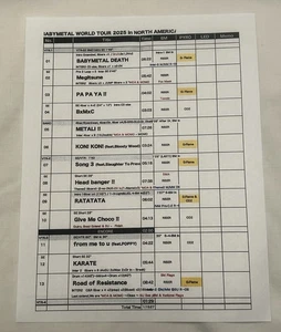 "Baby Metal" 2025 Color Copied North America World Tour Set List. - Bild 1 von 2