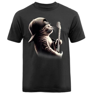 Gato Tocando Guitarra Banda de Música Rock Animales Divertidos Camiseta Gráfica - Imagen 1 de 17