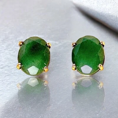 NUEVO Aretes Ovalados Aventurina Verde Natural Chapados en Oro 18K Piedras Preciosas Clásicos Foto 1 de 4