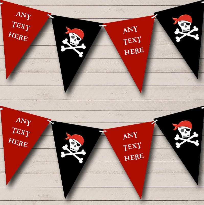 Party Banner Bunting Red Black Skull Crossbones Pirate Personalised Children's - Image 1 of 1