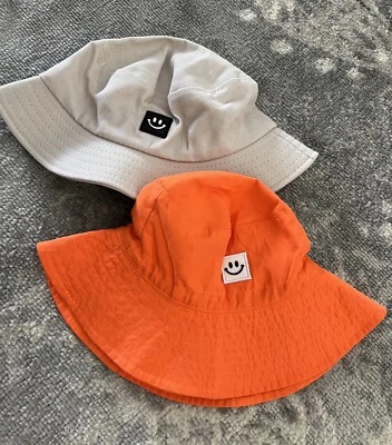 2 Youth Size Smile Happy Face Bucket Hats Kids Orange & Tan (Orange w Chinstrap) - Image 1 of 4