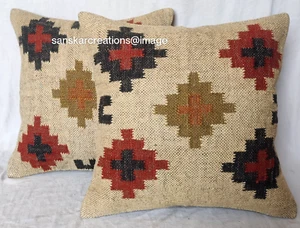 2 Pcs Set Handmade Vintage Outdoor Jute Cushion Cover Throw 18" Square Decorate - Picture 1 of 6