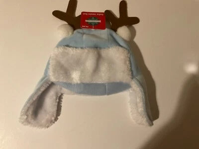 BABY BOYS ANTLER EAR FLAP HAT Blue Cap Winter Christmas Newborn Infant NEW - Image 1 of 2