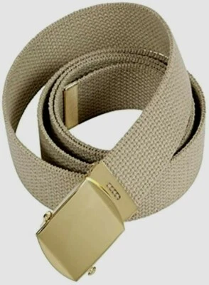 U.S MILITARY STYLE KHAKI WEB BELT WITH BRASS BUCKLE U.S.A MADE 54" HEAVY WEB - Image 1 of 4