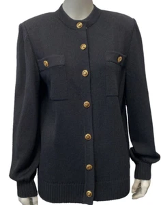 NWT ST. JOHN BASICS Santana Knit Cardigan Small Black Military Gold Button S - Picture 1 of 9