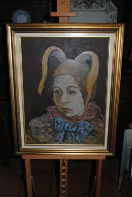 Huile sur toile Signée et datée 1993 Arlequin pensif et mélancolique - Photo 1/4