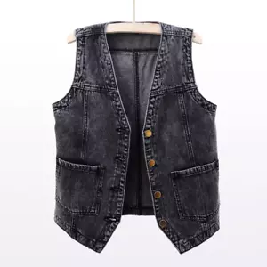 Vintage Style Women Denim Waistcoat Jean Vest Sleeveless V-neck Casual Crop Top - Picture 1 of 28