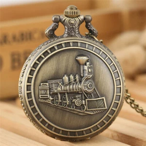 Bronze Locomotive Train Arabic Number Men's Quartz Analog Pocket Watch Chain - Picture 1 of 10