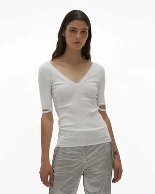 Camiseta acanalada Helmut Lang 289312 para mujer cuello en V blanca talla grande Foto 1 de 4