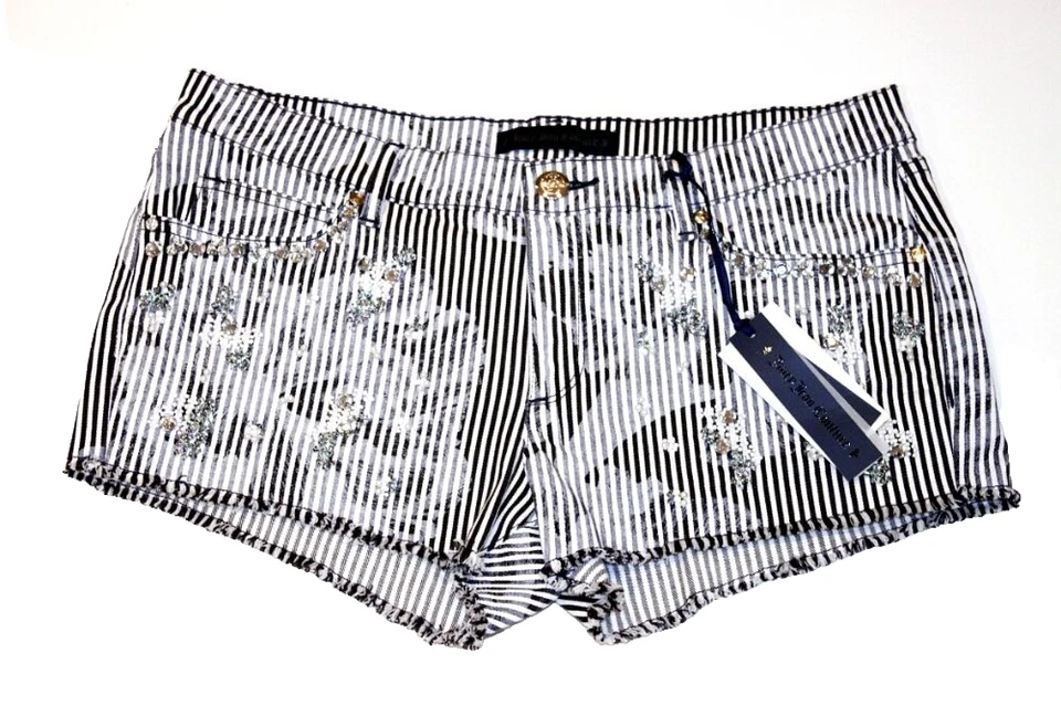Pantalones cortos de mezclilla Juicy Couture a rayas con perlas con joyas (29) Foto 1 de 1