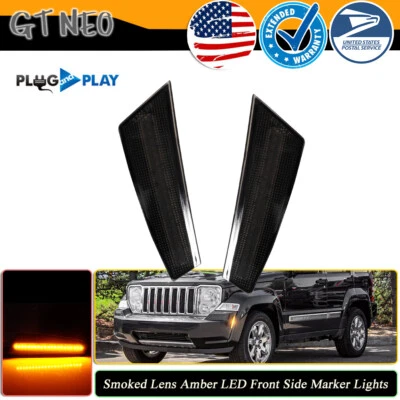 For 2008-2012 Jeep Liberty Smoked Lens Amber LED Front Bumper Side Marker Lights - Image 1 of 4