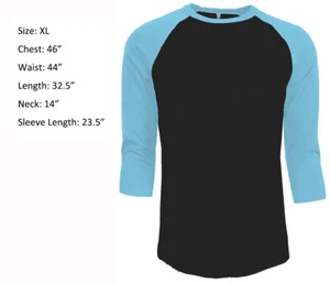 3/4 Sleeve Plain T-Shirt Baseball Raglan Jersey Men's Tee Black Light Blue XL - Picture 1 of 2