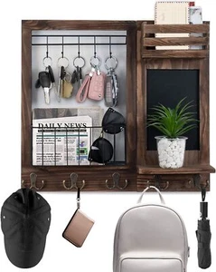 Key Holder for Wall, Mail Organizer Wall Mount with 5 Hooks Burnt Paulownia - Picture 1 of 7
