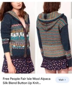 Free People Cardigan Sweater Medium Knit Hood Fair Isle Alpaca Silk - Picture 1 of 9