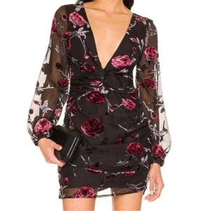 Mini Vestido MAJORELLE Ava Deep V Negro Floral S Terciopelo Rosa Mujer Manga Larga - Imagen 1 de 7