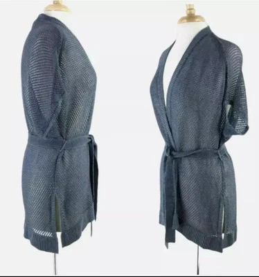 Etcetera E3 包裹长款开衫 M 码亚麻混纺开放式针织网眼腰带遮瑕 — 第 1/4 张图片