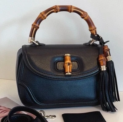 Gucci Bamboo Calfskin Fringed Top Handle Bag Crossbody Black Gold Women Classic - Image 1 of 4
