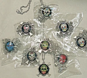 Lot of 9 ~ Cabochon Pendant ~ Skull and Crossbones ~ Sugar Skull ~ Silver-Tone - Picture 1 of 7