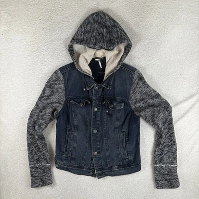 Free People Denim Jacket Womens Medium Blue Distressed Knit Sleeves Hood Grunge - Image 1 of 4