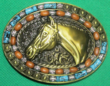 Belt Buckle "HORSE, CULTURAL + FLORA" Brass Color, Fit 4 cm Belt, Metal Casting