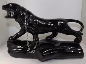 50s Mid Century Ceramic Black Panther Planter Green Rhinestone Eyes & Chain MCM - Picture 1 of 15