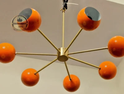 Lámpara de araña moderna de latón globo ocular molinete Sputnik elegante pantalla naranja brillante Foto 1 de 4