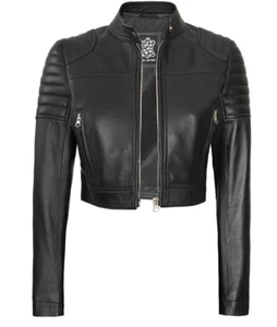 Womens & Girls Black Cropped Leather Café Racer Jacket Short Body Moto Gear - Picture 1 of 5