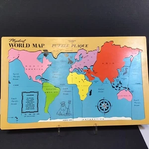 Vintage 1960’s Playskool World Map Wood Puzzle Plaque Compass History 24 pieces - Picture 1 of 8