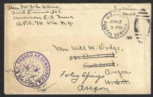 1918 Censored AEF Redirected Cover APO711 to Foley Springs Oregon - Picture 1 of 2