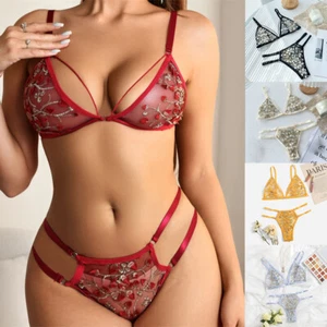 Sexy Sujetador Bragas Conjunto Lencería Tridimensional Tres Puntos Bordado Flor - Imagen 1 de 22
