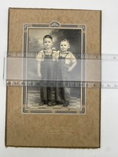 Two boys in overalls  Vintage Studio Photograph on Board