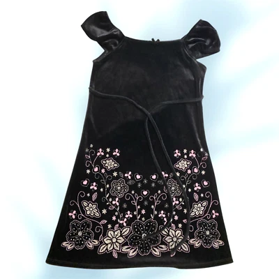 Vestido de Terciopelo Negro L.A. Couture Niñas Bordado Floral Corazones Rosa Talla 6 Niñas Foto 1 de 3