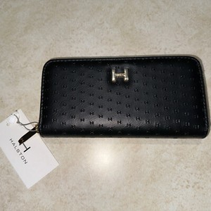 HALSTON logo zip around clutch wallet black gold NWT