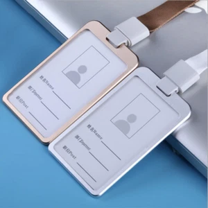 ID Card Badge Holder w/ Neck Strap Lanyard Necklace Aluminum Vertical Case Reel - Picture 1 of 10