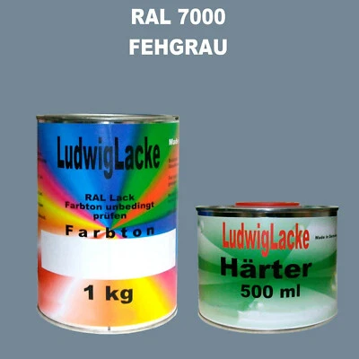 RAL 7000 Fehgrau 1,5 kg SET Matt Lack & Härter Acryllack unverdünnt  Profi Quali - Bild 1 von 4