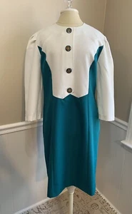 Vtg 80s Does 60s Secretary Dress Teal White Sz 16 Retro Flight Attendant Costume - Picture 1 of 12