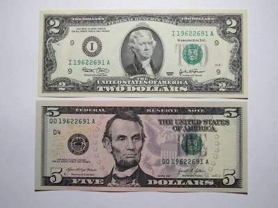 $2 2003 & $5 2021 Matching Radar Serial Numbers Federal Reserve Bank Note Bills - Image 1 of 4