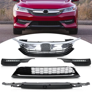 Front Bumper Upper&Lower Grille Fog Lights Engine Cover For 16 17 Honda Accord - Picture 1 of 12