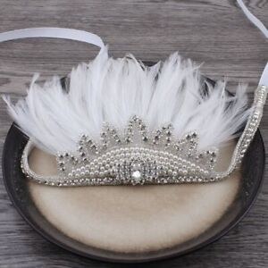 White Acrylic Pearl Feathers Tiara Beaded Headwear Ruffle Rhinestone Crown Tiara