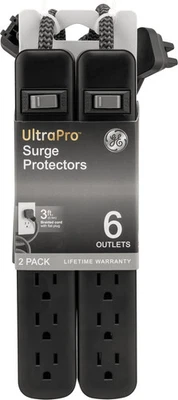 GE Adapt 6-Outlet Surge Protector Power Strip 3ft Braided Cord Black 2-Pack, New - Image 1 of 4