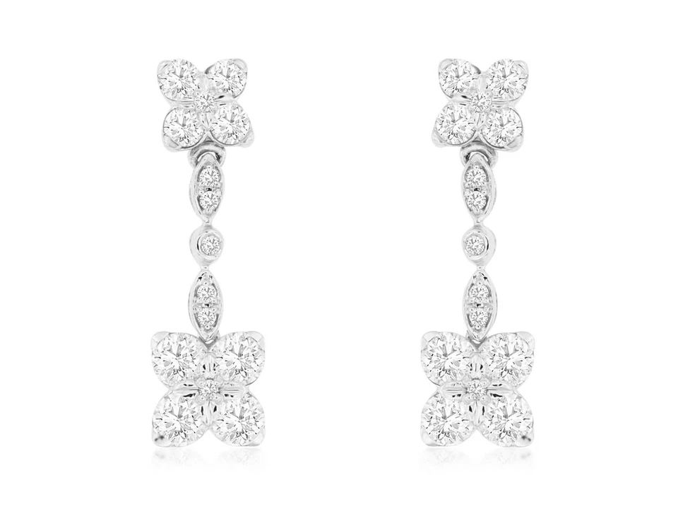 14k White Gold Floral Diamond Dangle Earrings, 2.5g, Marquise & Round Settings - Image 1 of 1