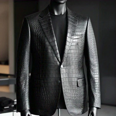 Men's Black Leather Blazer Crocodile Print Embossed Real Luxury Leather Blazer - Image 1 of 2