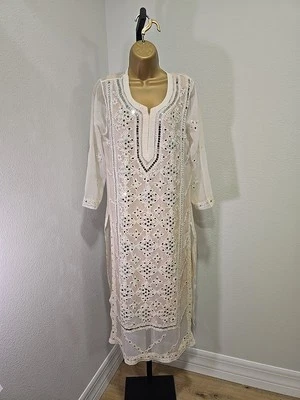 Turkish Moraccan Arabian Ivory Sheer Lined Embellished Caftan Layered Two Piece - Image 1 of 4