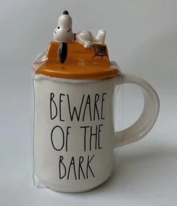 Rae Dunn Peanuts Snoopy Halloween BEWARE OF THE BARK Mug With Character Lid NEW - Picture 1 of 6