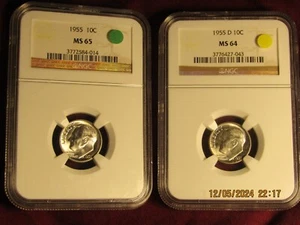 1955-P  &  1955-D  U.S. ROOSEVELT DIME...NGC  MS-65 & MS-64...2  COIN  LOT - Picture 1 of 10