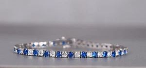 Tennisarmband blauer Saphir und Moissanit rund 3 mm 925 Sterling Silber 7 Zoll - Bild 1 von 3
